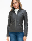 YMI Faux Layered Double-Zipper Jacket with Fuzzy Hood