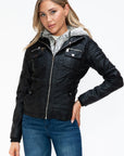 YMI Removable Faux Layered Multi-Pocket Jacket with Fuzzy Hood