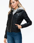 YMI Removable Faux Layered Multi-Pocket Jacket with Fuzzy Hood