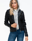 YMI Removable Faux Layered Multi-Pocket Jacket with Fuzzy Hood