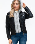 YMI Removable Faux Layered Multi-Pocket Jacket with Fuzzy Hood