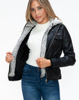 YMI Removable Faux Layered Multi-Pocket Jacket with Fuzzy Hood