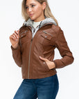 YMI Removable Faux Layered Multi-Pocket Jacket with Fuzzy Hood