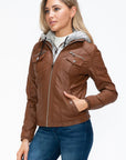 YMI Removable Faux Layered Multi-Pocket Jacket with Fuzzy Hood