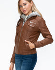 YMI Removable Faux Layered Multi-Pocket Jacket with Fuzzy Hood