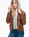 YMI Removable Faux Layered Multi-Pocket Jacket with Fuzzy Hood