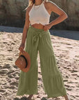 Dark Olive Green Tied Ruched Wide Leg Pants