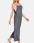 Zenana Washed Adjustable Strap Wide Leg Denim Overalls