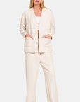 Zenana Quilted Button Up Long Sleeve Top and Pants Lounge Set