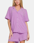 Zenana Button Down Short Sleeve Top and Shorts Lounge Set