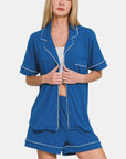 Zenana Button Down Short Sleeve Top and Shorts Lounge Set