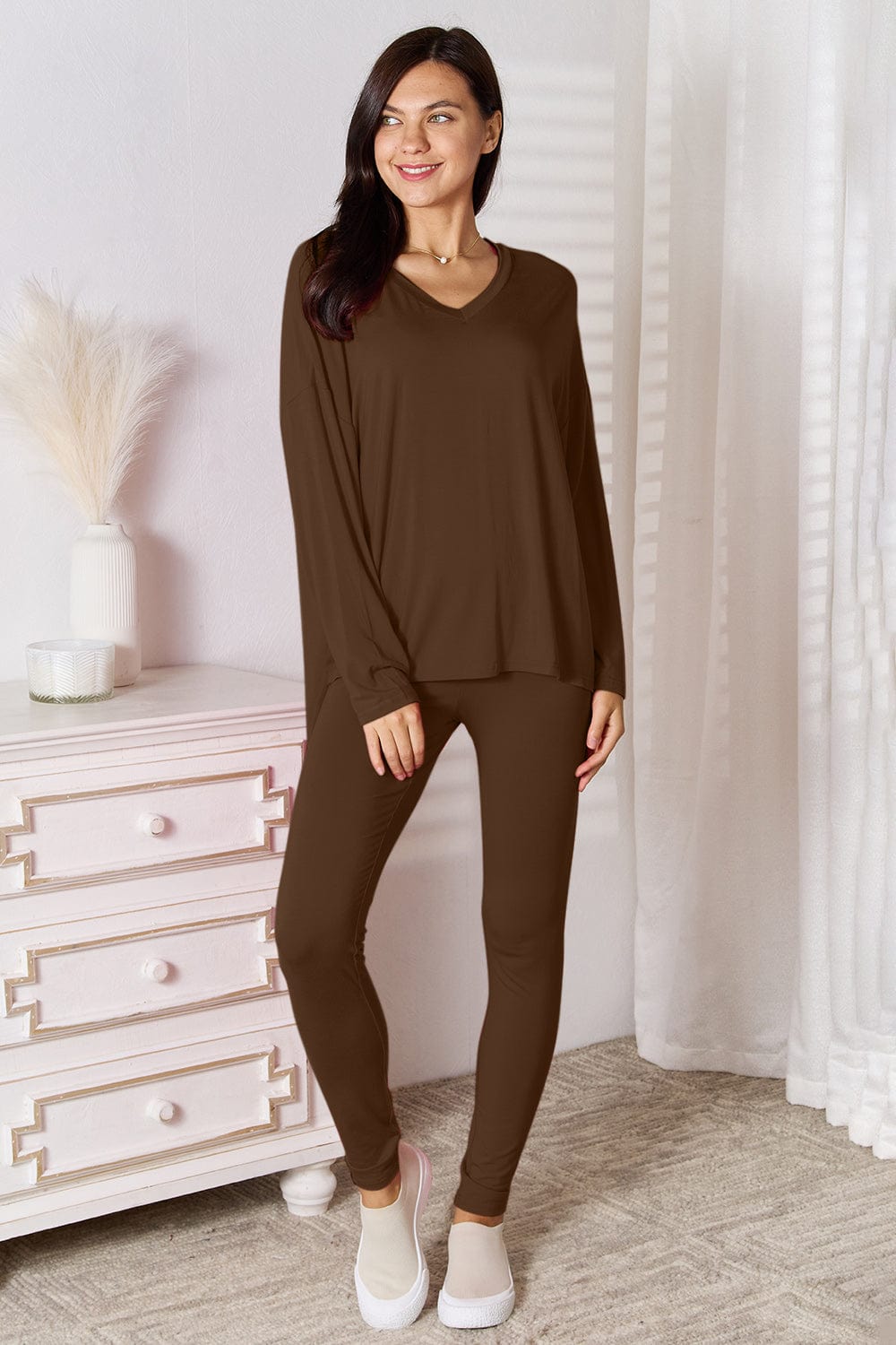 Gray Basic Bae Full Size V-Neck Soft Rayon Long Sleeve Top and Pants Lounge Set