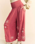 Davi & Dani Smocked Waist Flower Patch Wide Leg Pants