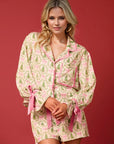 Tied Printed Collared Neck Long Sleeve Top and Shorts Set