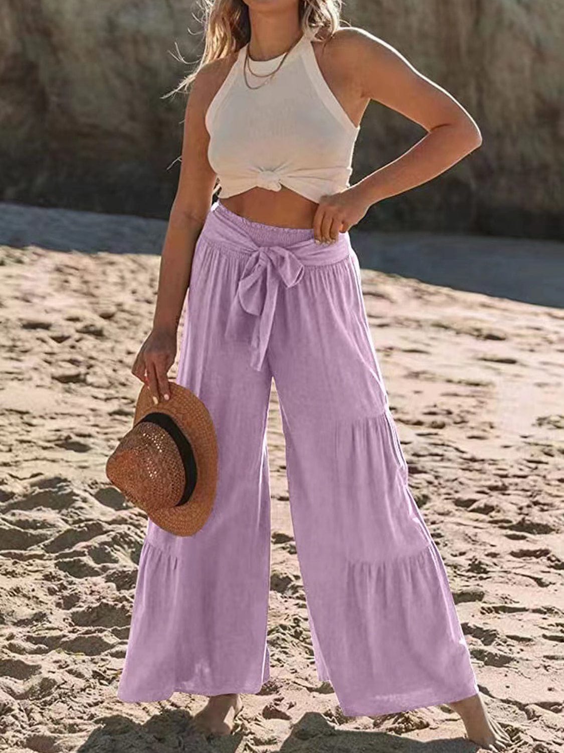 Dim Gray Tied Ruched Wide Leg Pants