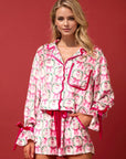 Tied Printed Collared Neck Long Sleeve Top and Shorts Set