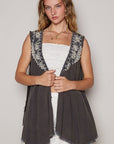 POL Embroidered Pearls Open Front Sleeveless Cardigan