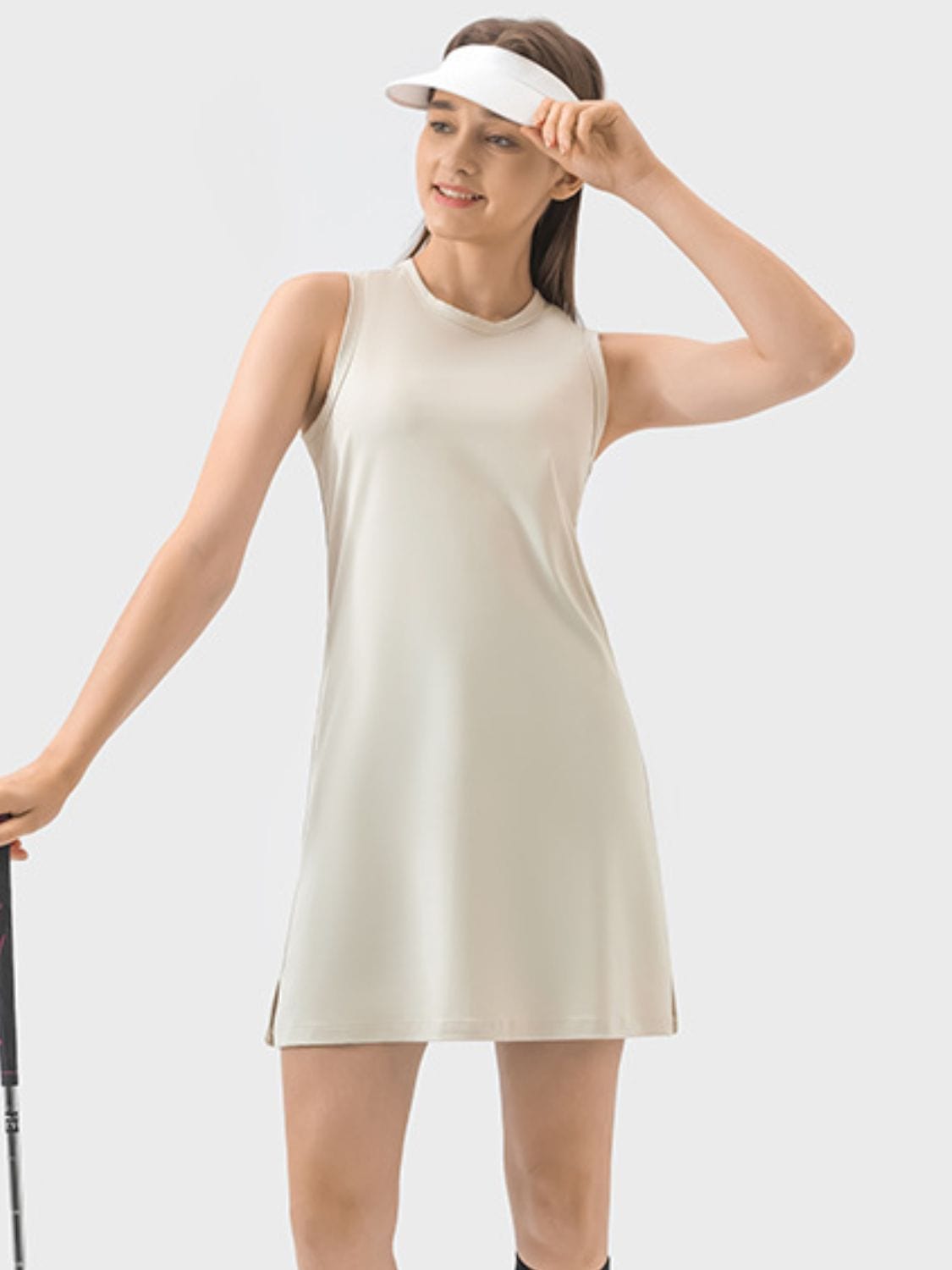 Beige Round Neck Sleeveless Active Dress