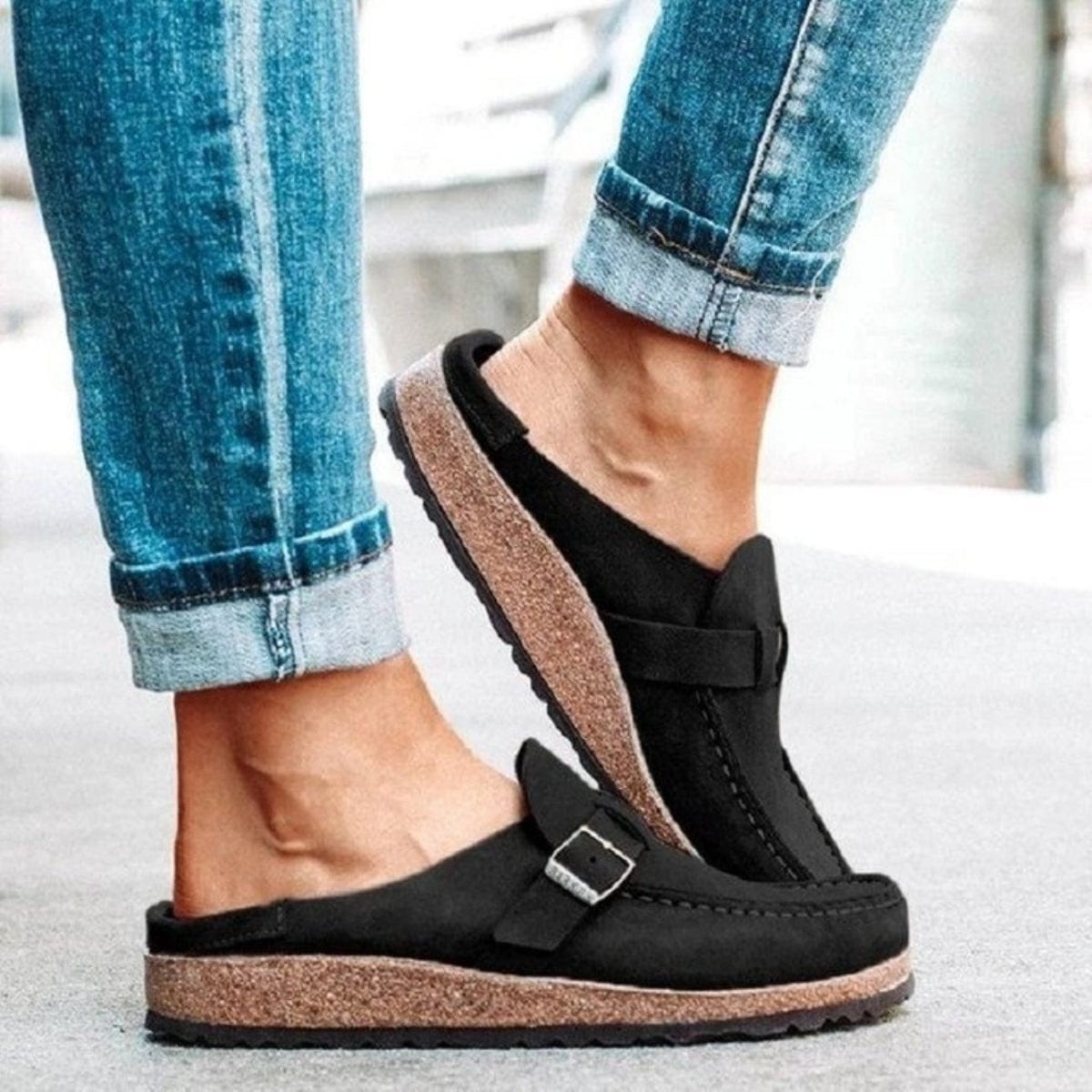 Dark Slate Gray Round Toe Low Heel Buckle Sneakers