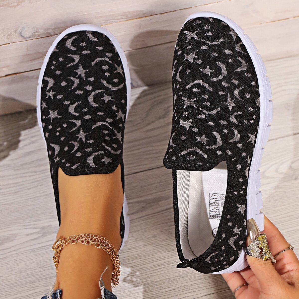 Gray Star & Moon Pattern Flat Loafers