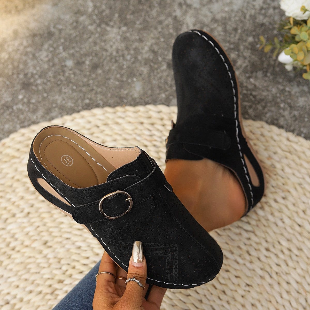 Slate Gray Suede Round Toe Wedge Sandals