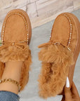 Bow Furry Round Toe Flat Slip-Ons