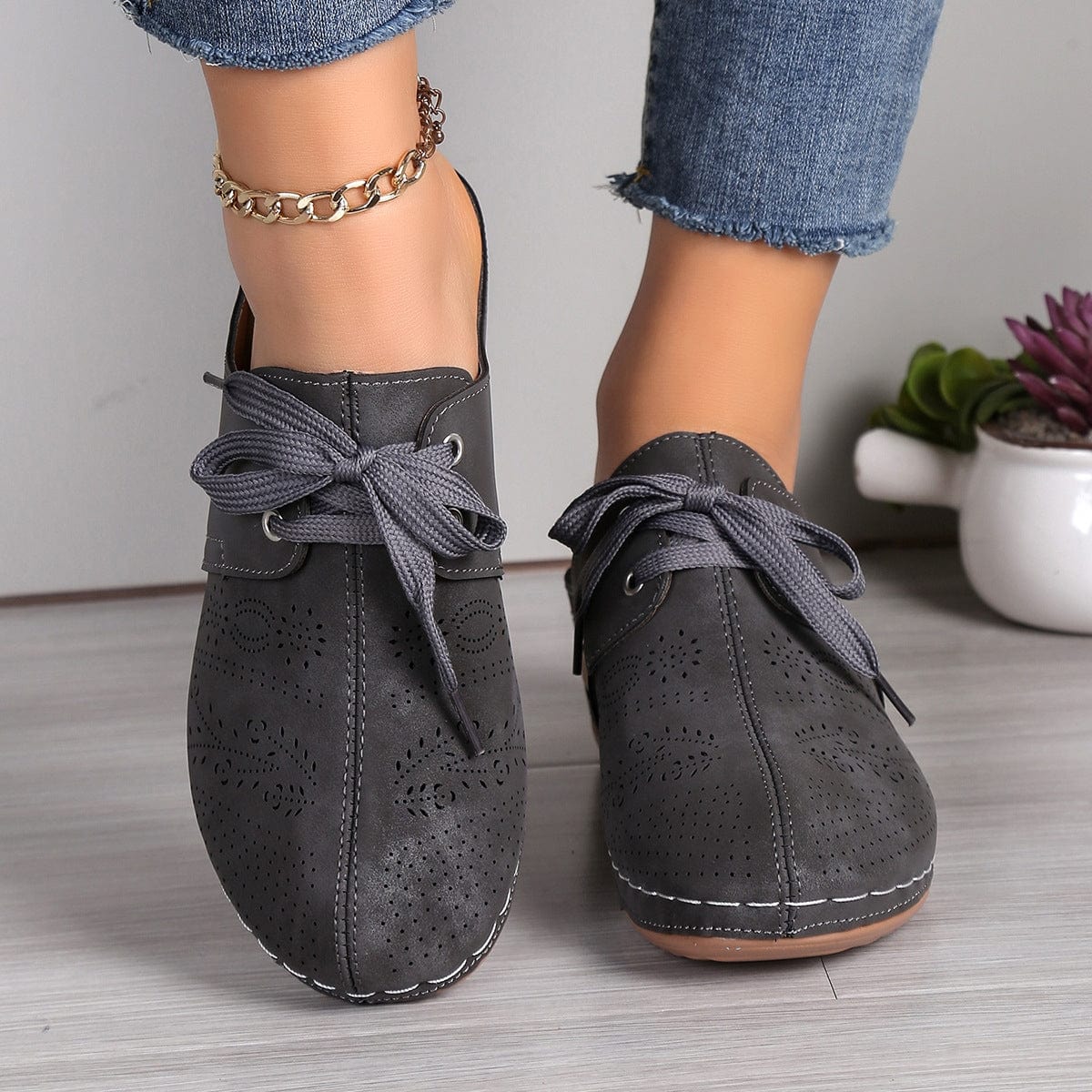 Dark Gray Lace-Up Round Toe Wedge Sandals