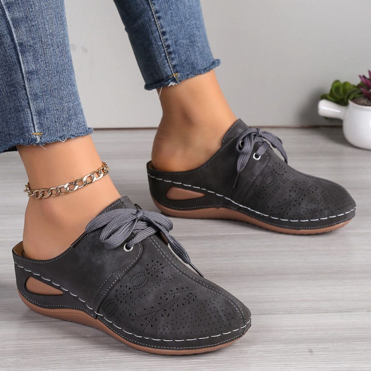 Dark Gray Lace-Up Round Toe Wedge Sandals