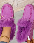 Bow Furry Round Toe Flat Slip-Ons