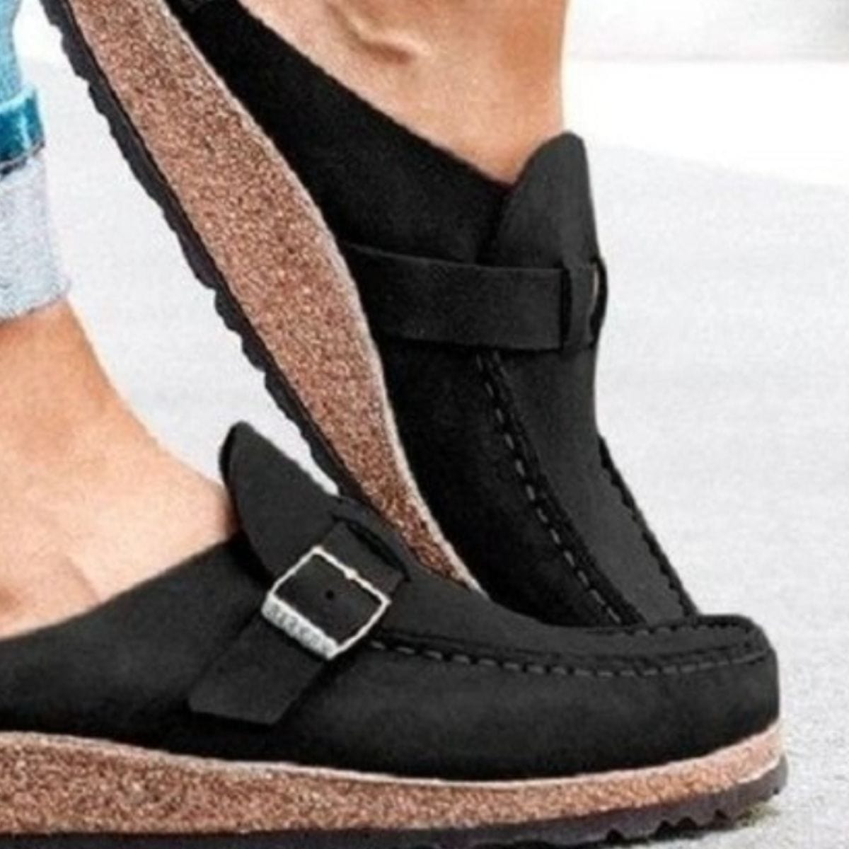 Black Round Toe Low Heel Buckle Sneakers