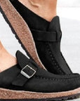 Black Round Toe Low Heel Buckle Sneakers