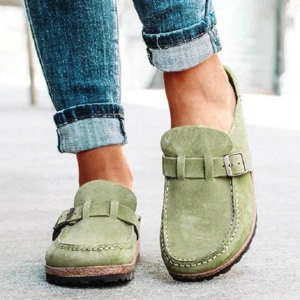 Light Gray Round Toe Low Heel Buckle Sneakers