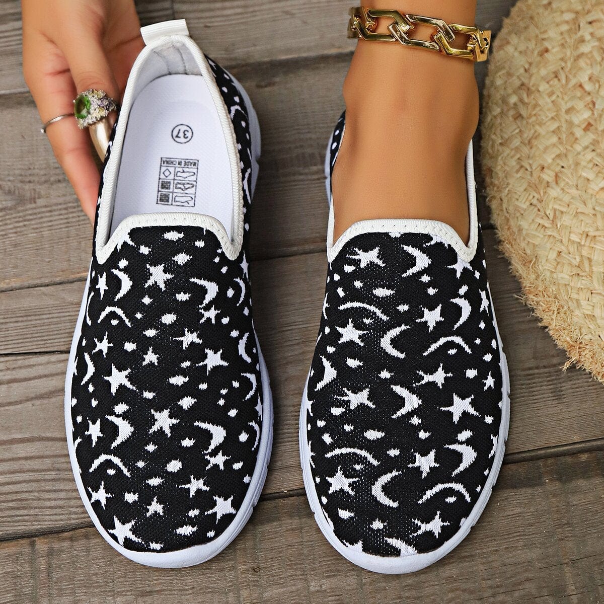 Dim Gray Star & Moon Pattern Flat Loafers