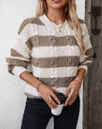 Gray Striped Round Neck Long Sleeve Sweater