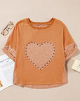 Stud Heart Patch Round Neck Short Sleeve T-Shirt