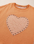 Stud Heart Patch Round Neck Short Sleeve T-Shirt