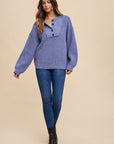 Annie Wear Half Button Ribbed Hem Sweater