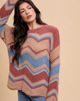 Annie Wear Multi Color Zig-Zag Round Neck Sweater