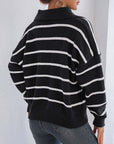 Striped Johnny Collar Long Sleeve Sweater