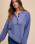 Annie Wear Half Button Ribbed Hem Sweater