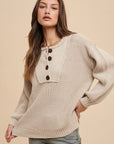 Annie Wear Half Button Ribbed Hem Sweater