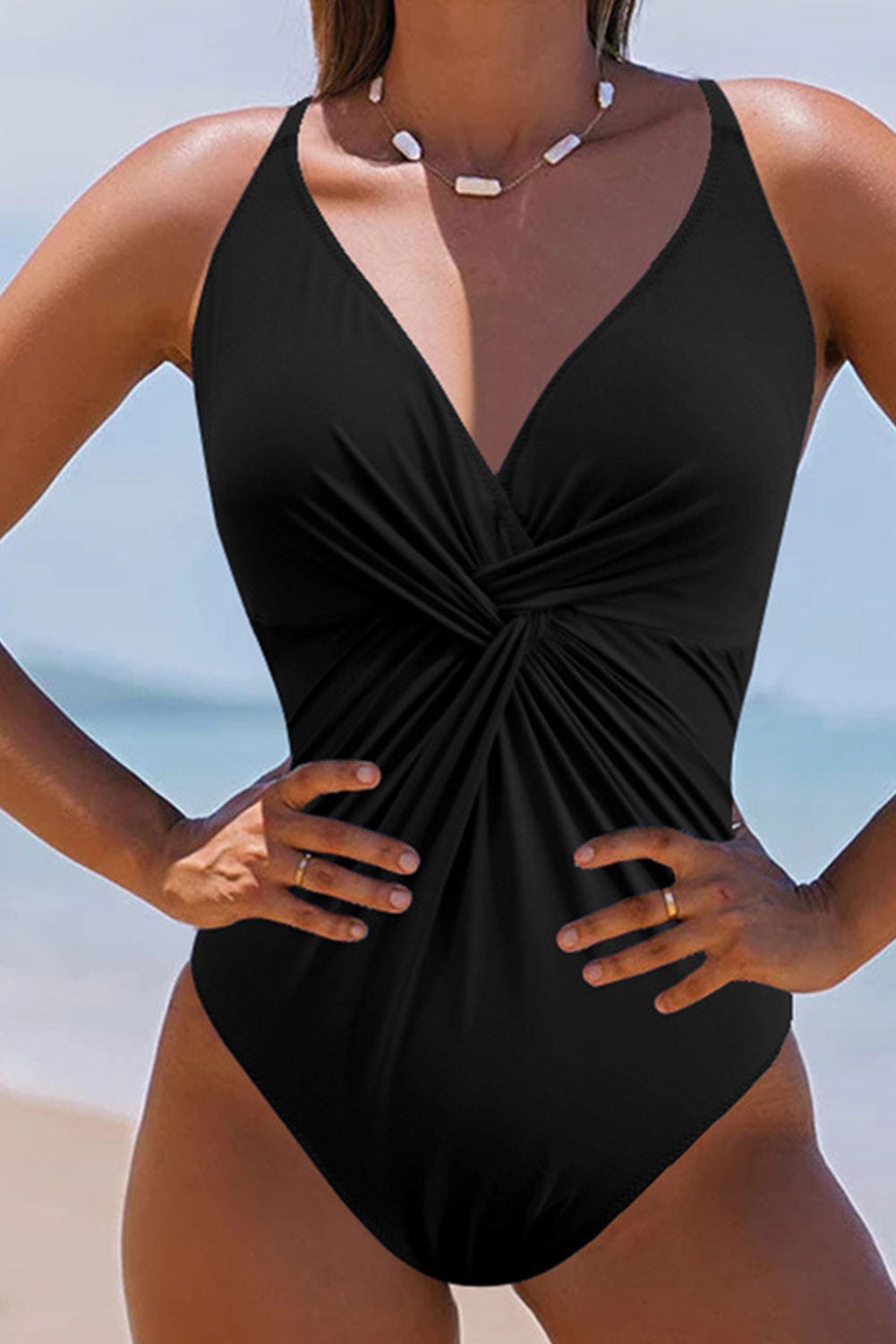 Black Twisted Crisscross V-Neck One-Piece Swimwear