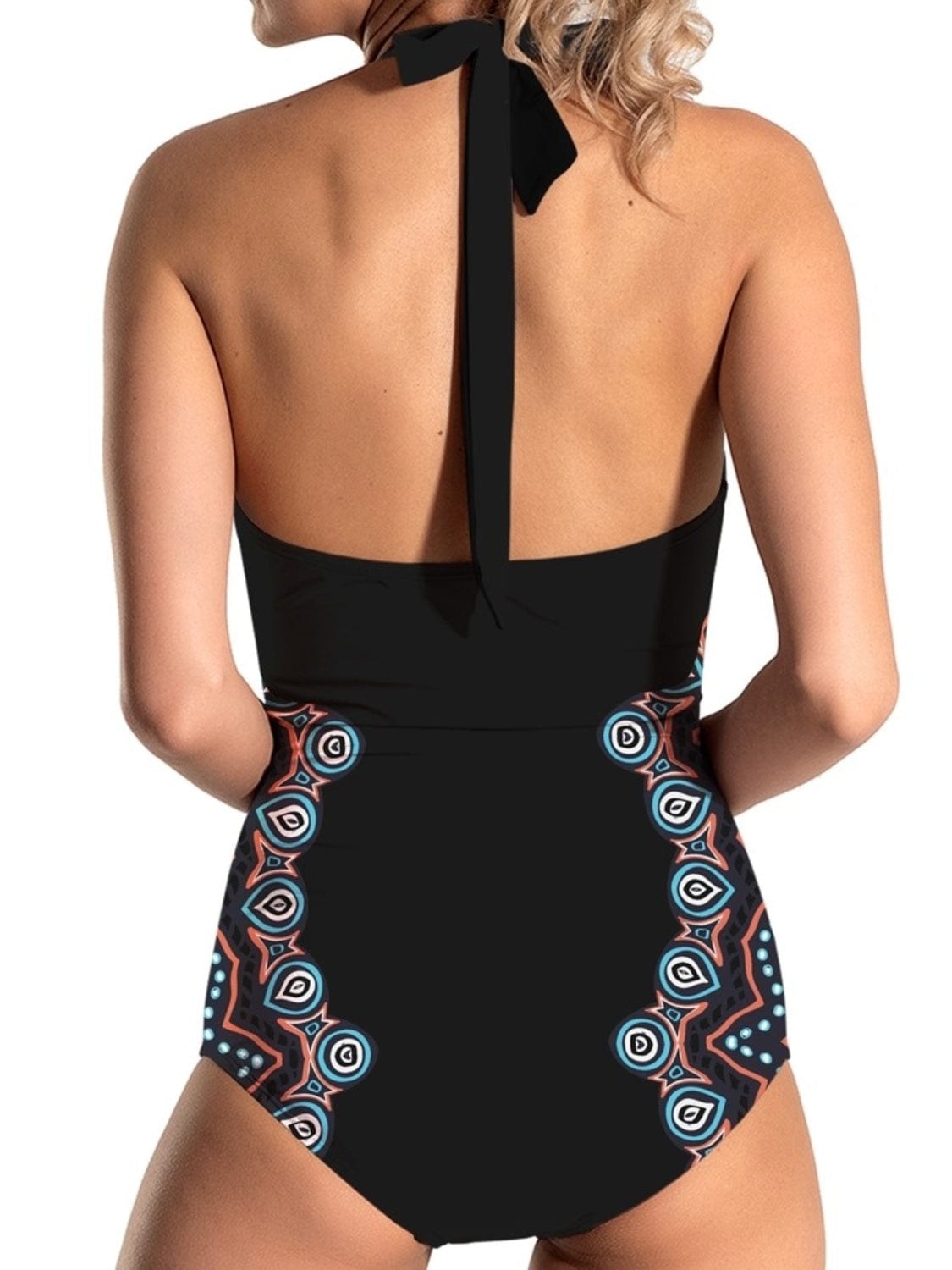 Dark Salmon Cutout Printed Halter Neck One-Piece Swimwear