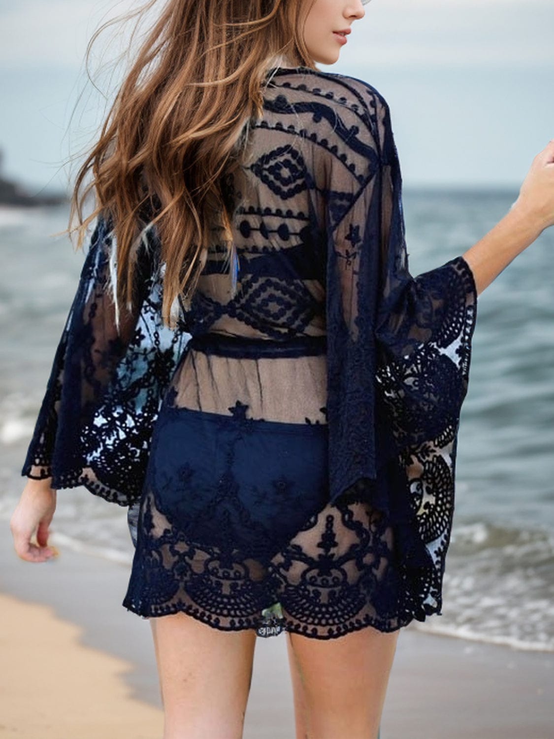 Dark Gray Lace V-Neck Three-Quarter Sleeve Cover Up