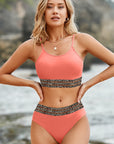 Rosy Brown Leopard Trim Scoop Neck Bikini Set