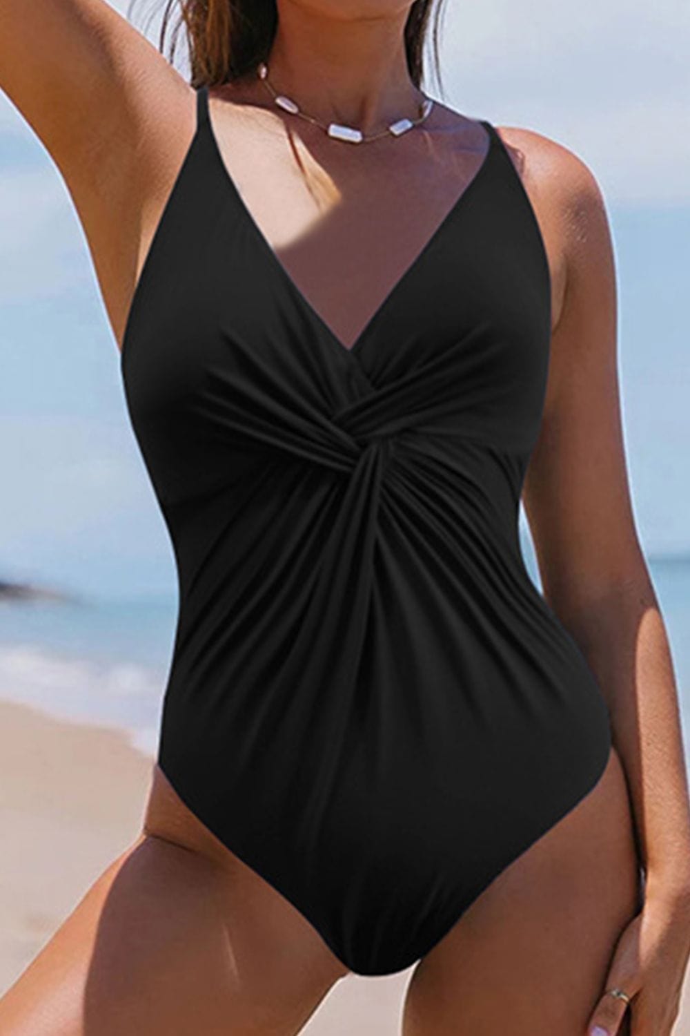 Black Twisted Crisscross V-Neck One-Piece Swimwear