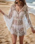 Rosy Brown Lace V-Neck Three-Quarter Sleeve Cover Up