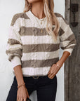 Gray Striped Round Neck Long Sleeve Sweater