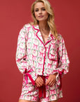 Tied Printed Collared Neck Long Sleeve Top and Shorts Set