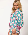 Tied Printed Collared Neck Long Sleeve Top and Shorts Set